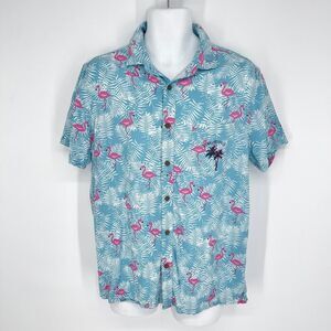 Margaritaville Mens Button Front Shirt Sz S Flamingo Palm Hawaii Aloha Blue Pink